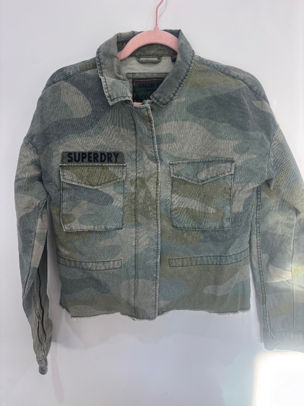 Superdry Women’s Utility Crop Jacket Washed Camo Military Patches US 6